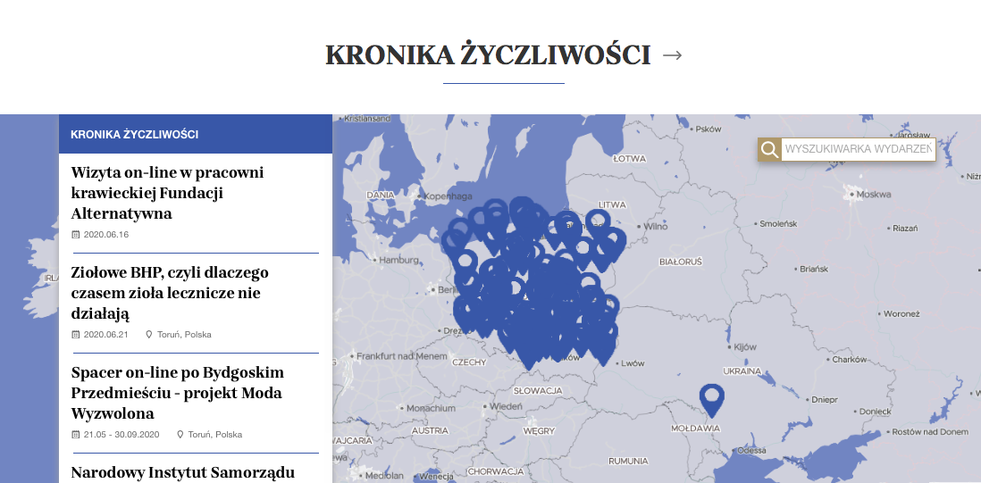 A print screen from the niepodlegla.gov.pl website with a map of events; pins on the map of Poland denote initiatives undertaken across the country