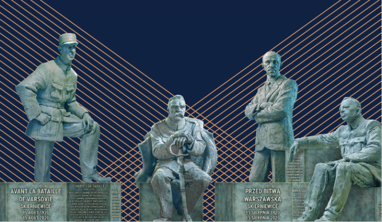 The visualisation of the monument in Skierniewice. Four commanders are depicted – Józef Piłsudski, Pál Teleki, Symon Petliura, and Charles de Gaulle