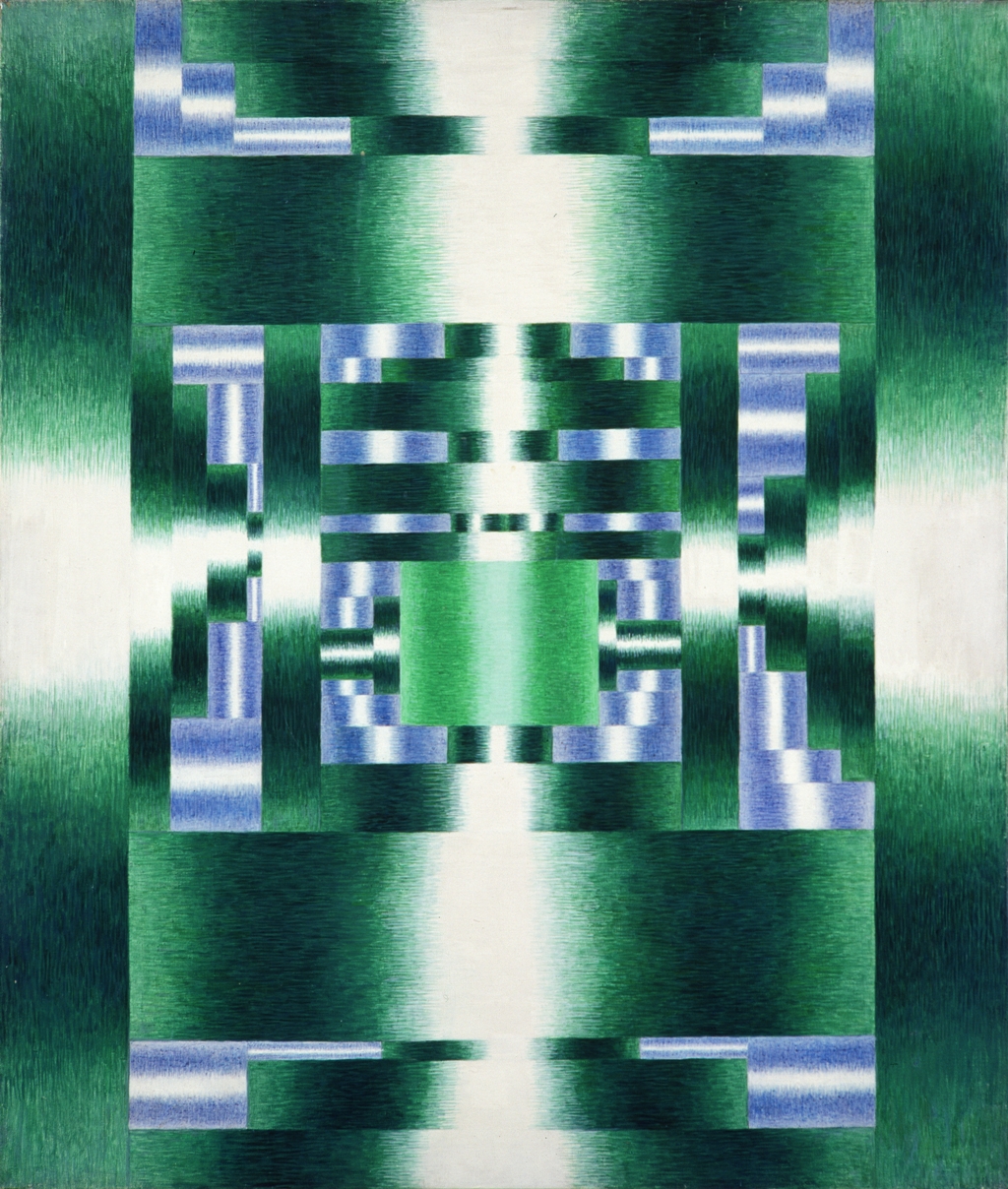 Zofia Artymowska, Poliformy XXXVII - Zielone centrum, 1973, akryl na płótnie, wym. 114 x 97,5 cm, źródło https://zacheta.art.pl/pl/kolekcja/katalog