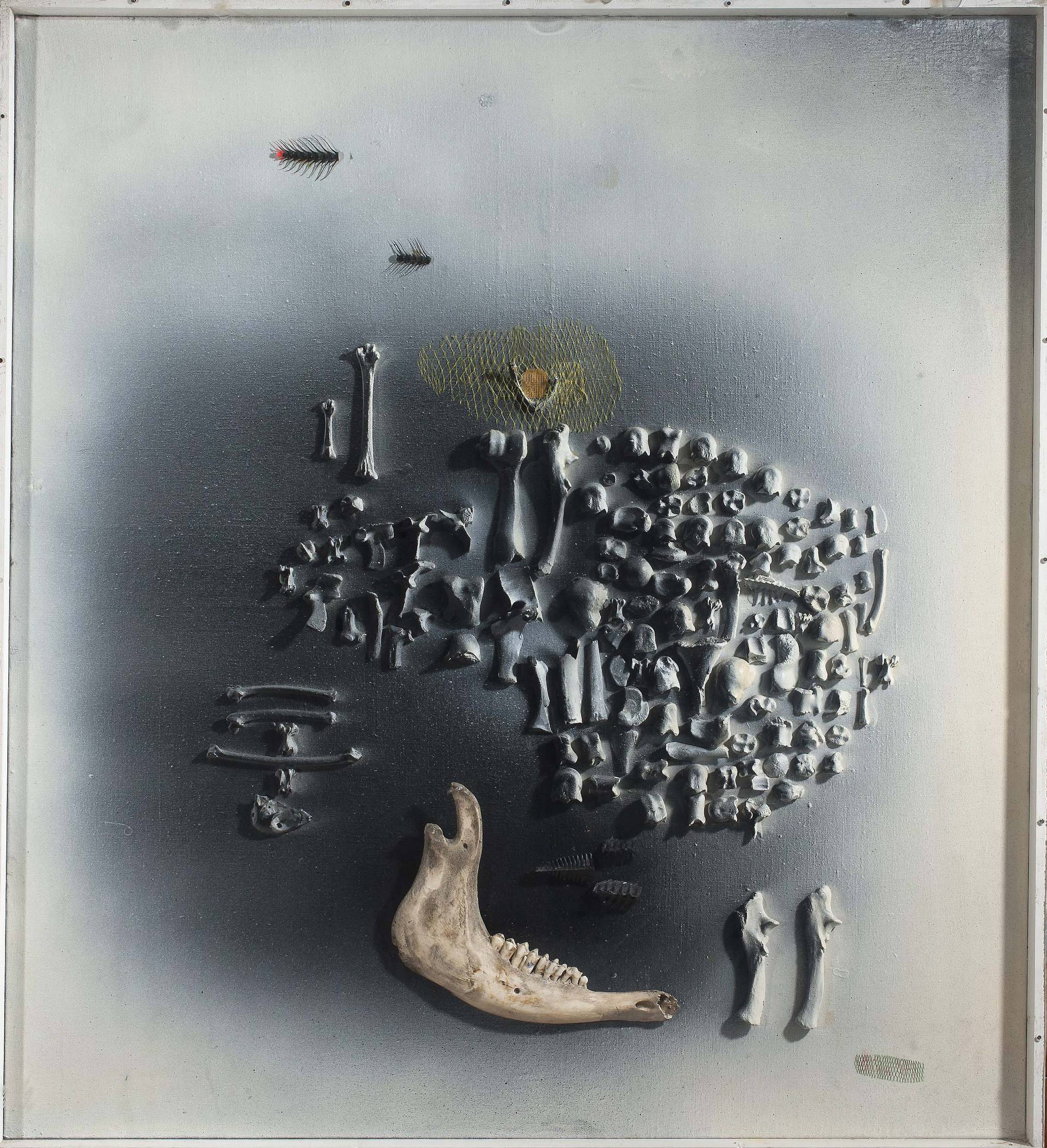 Jonasz Stern, Formy zabite II, olej, płótno, kość, siatka plastikowa, wym. 104 x 116 cm, 1972 r., źródło: Cyfrowe MNW