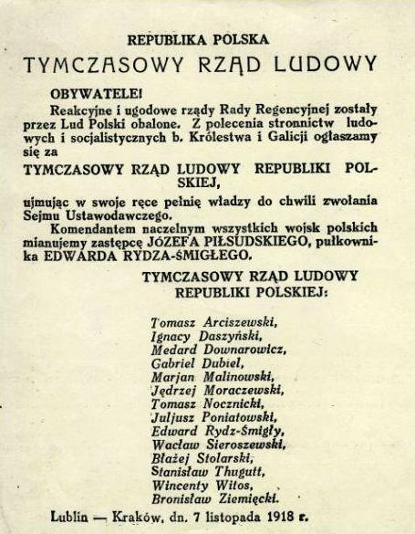 Afisz proklamujący powstanie Tymczasowego Rządu Ludowego Igancego Daszyńskiego (domena publiczna)