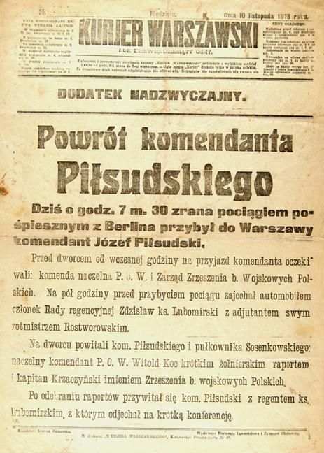Fragment artykułu z Kurjera Warszawskiego informujący o przybyciu Józefa Piłsudskiego (domena publiczna)