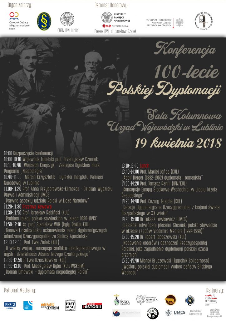 Plakat z rozpisanym programem konferencji naukowej "100-lecie polskiej dyplomacji"