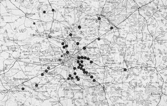 Fragment Mapy Uzdrowiskowo-Letniskowej Polski z lat 30. XX w. z zaznaczonymi letniskami wokół stolicy.