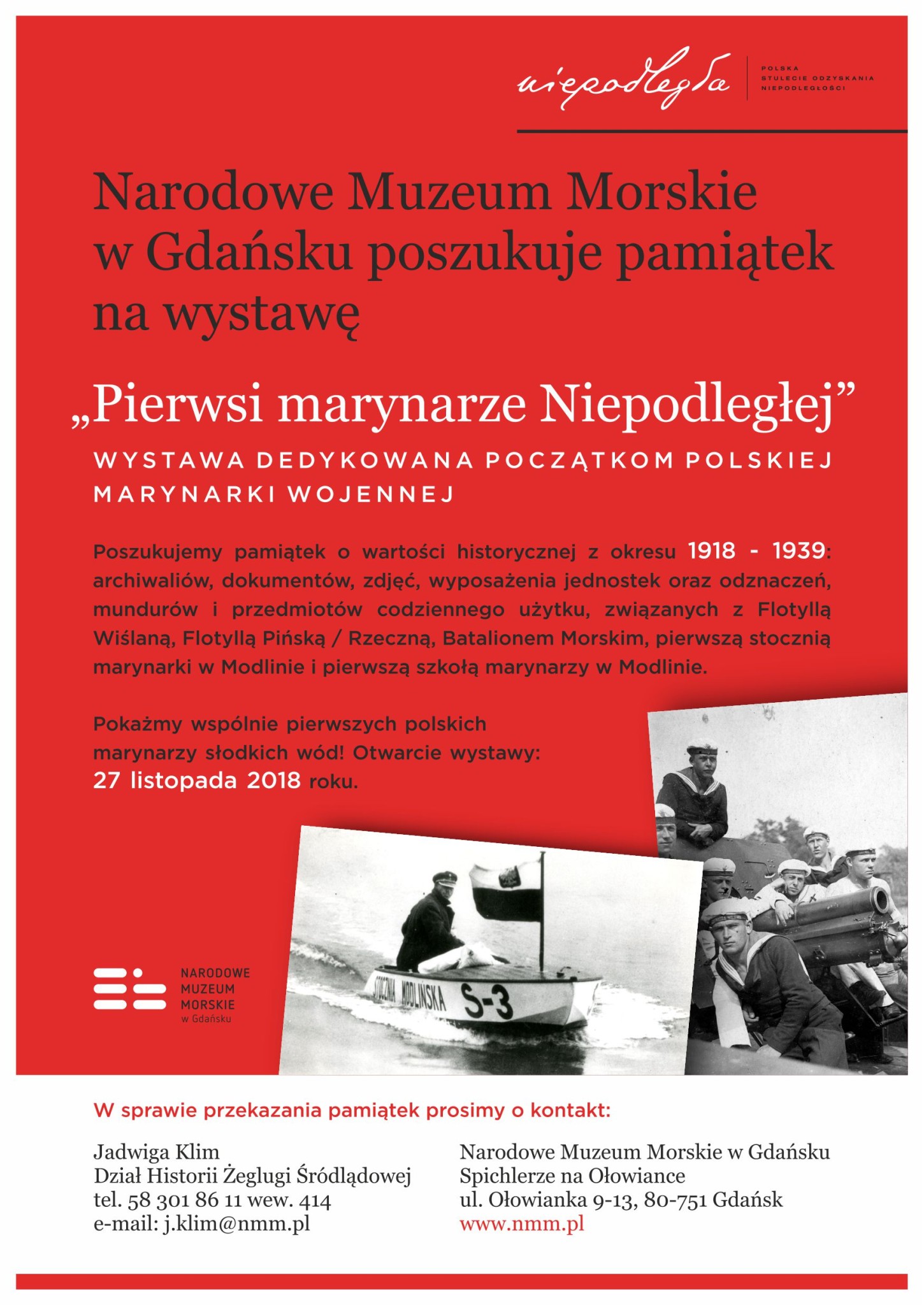 Plakat o zbiórce pamiątek na wystawę "Pierwsi marynarze Niepodległej"