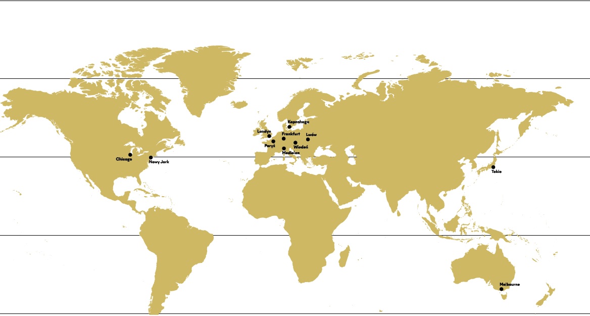 mapa świata z zaznaczonymi 11 miejscowościami koncertów