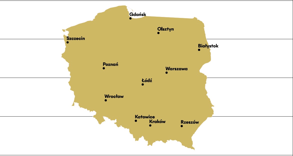 mapa polski z 11 miejscowościami koncertów