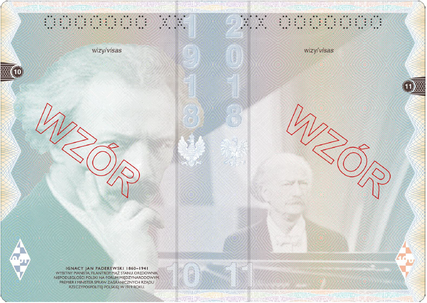 Wzór stron nr 10 i 11 nowego paszportu, przedstawiają Ignacego Jana Paderewskiego