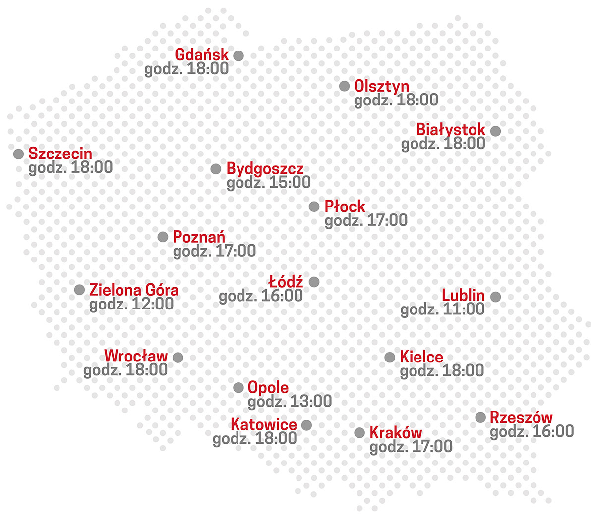 mapa z nazwami miast w których odbędą się transmisje