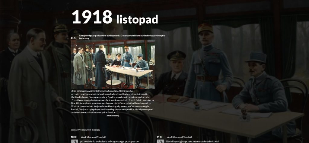 zrzut ekranu z grafiką rozejmu pokojwego wieńczącego I wojnę i tekstem