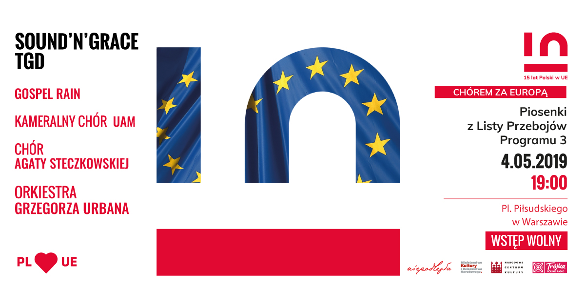 baner z dużym logo 15-lecia polski w UE w centrum i informacjami o wydarzeniu po bokach
