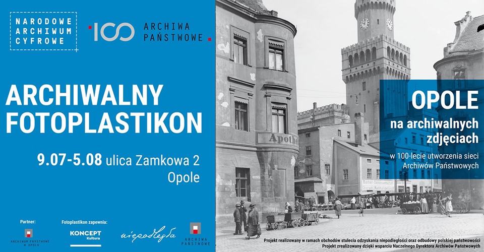 plakat promujący wystawę "Archiwalny Fotoplastikon"w Opolu, na zdjęciu czarno-białe ujęcie archiwalne Opola