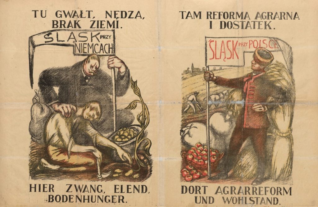 dwa kontrastowe obrazki obok siebie: na lewym gruby niemiec przyciska chłopa zbierającego kartofle do ziemi, z prawej dumny rolnik stoi wśród zbóż i kosza z jabłkami