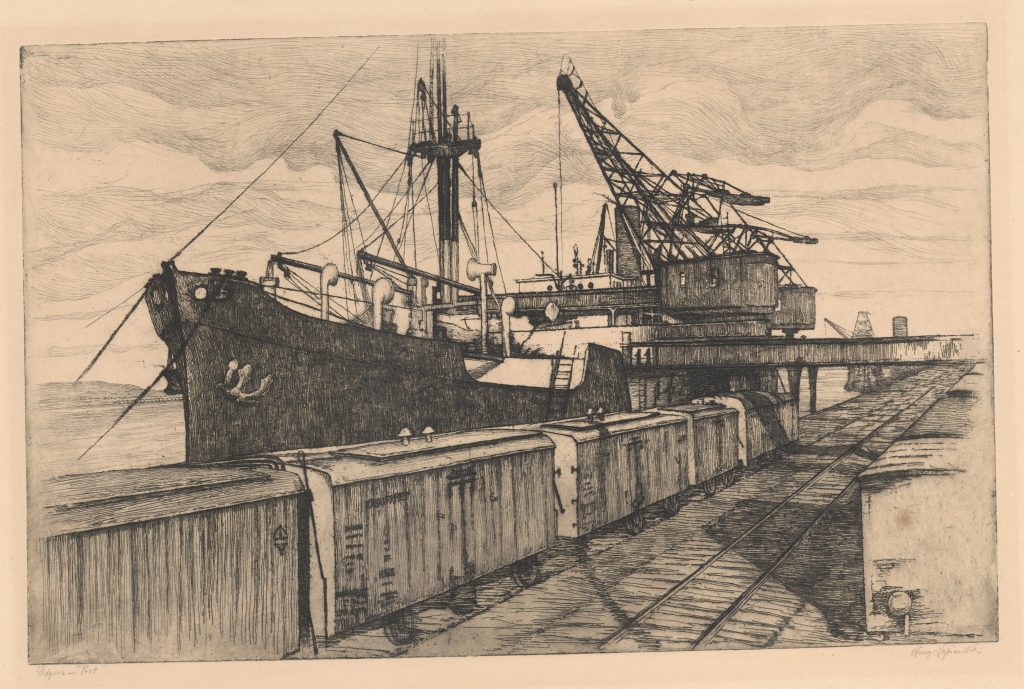 grafika statku i dźwigów u nabrzeża Gdyni
