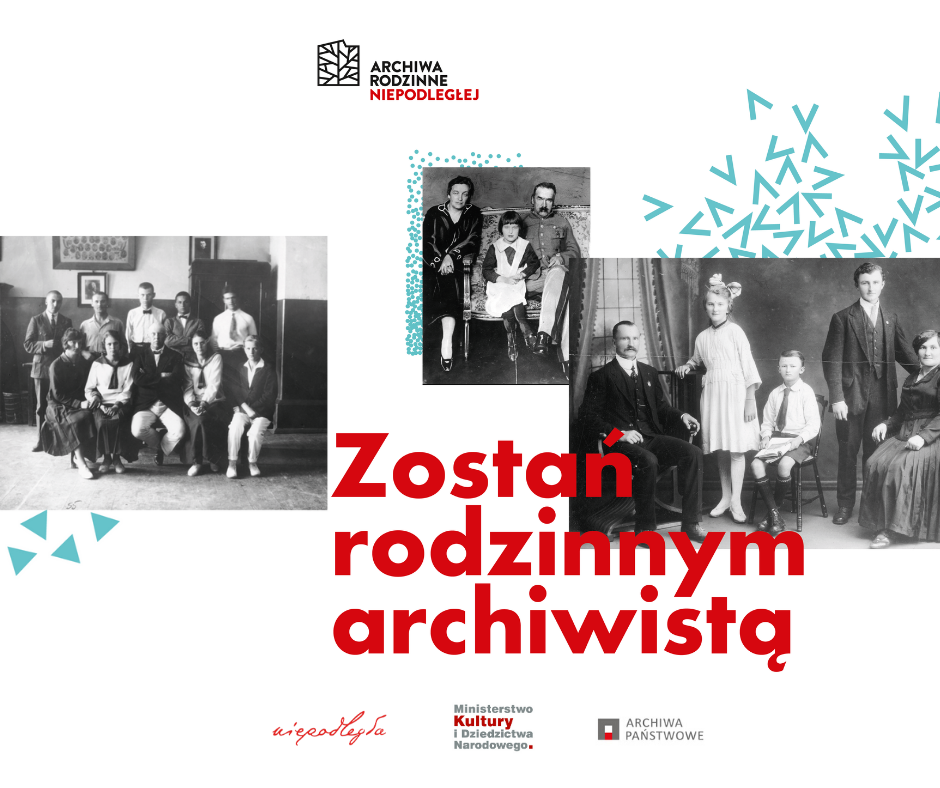 baner złożony z logo projektu, dwóch starych rodzinnych zdjęć i hasła zostań rodzinnym archiwistą
