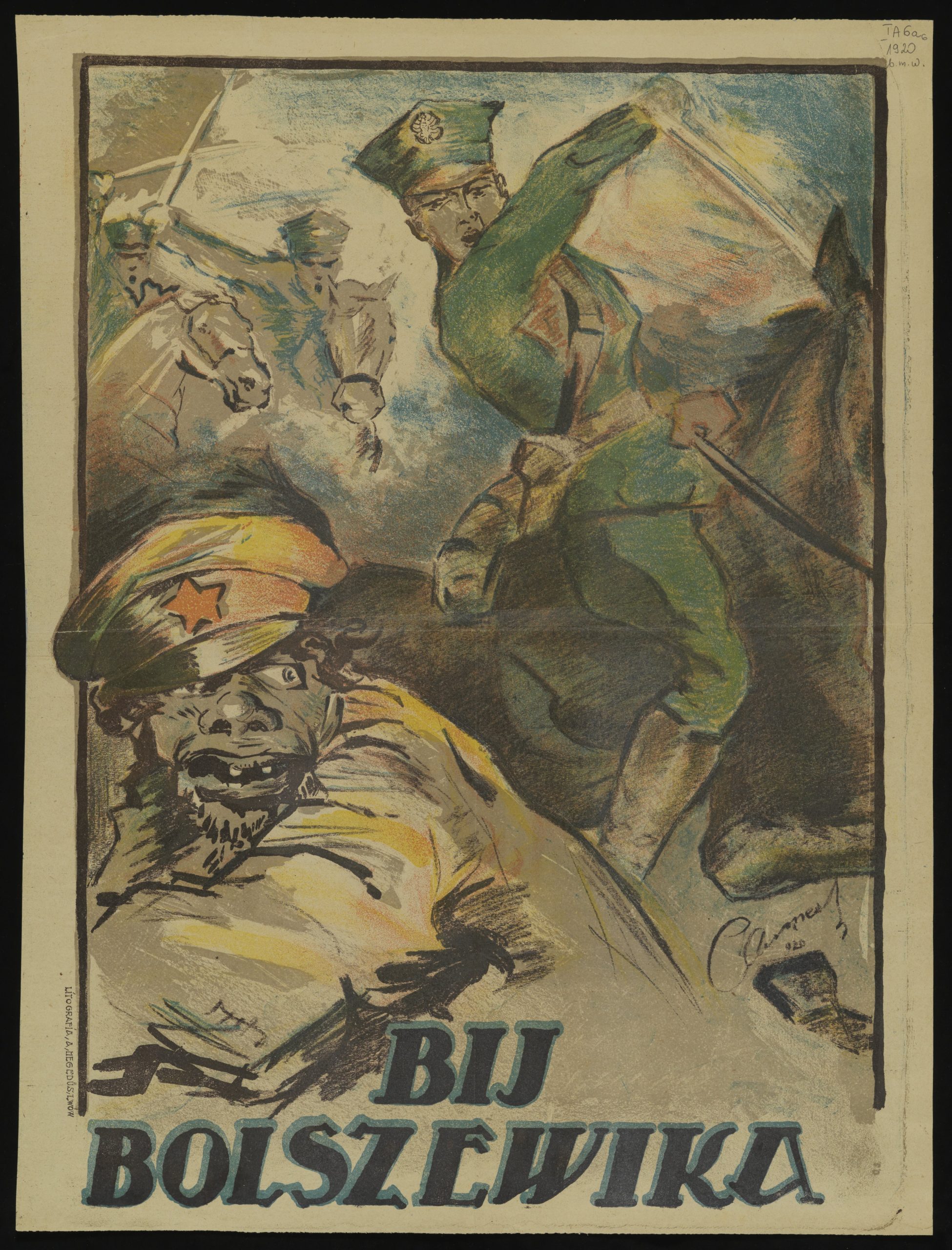 plakat z ładnym polskim żołnierzem zamierzającym się na karykaturalnie brzydkiego żołnierza bolszewików