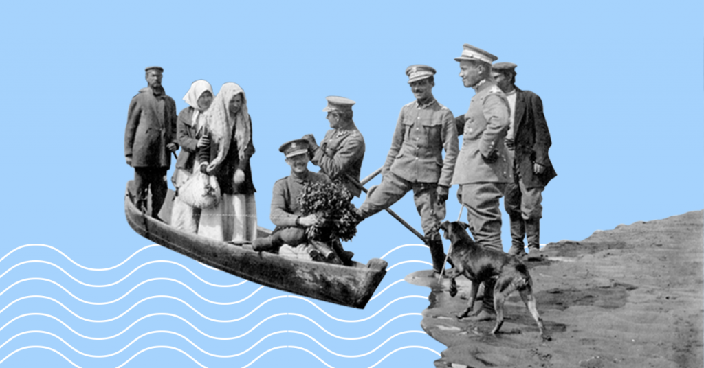 obrazek z żołnierzami na brzegu i kobietami w łódce