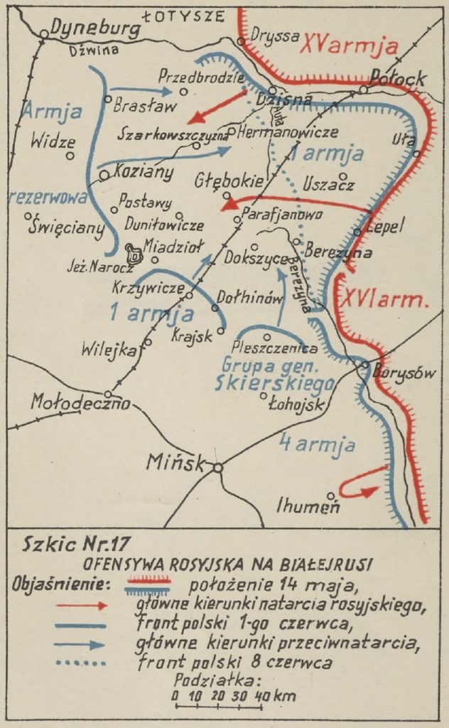 mapa rejonu Białoruci z zaznaczonymi miejscowościami - na czerwono bolszewiy, na niebiesko wojska polskie