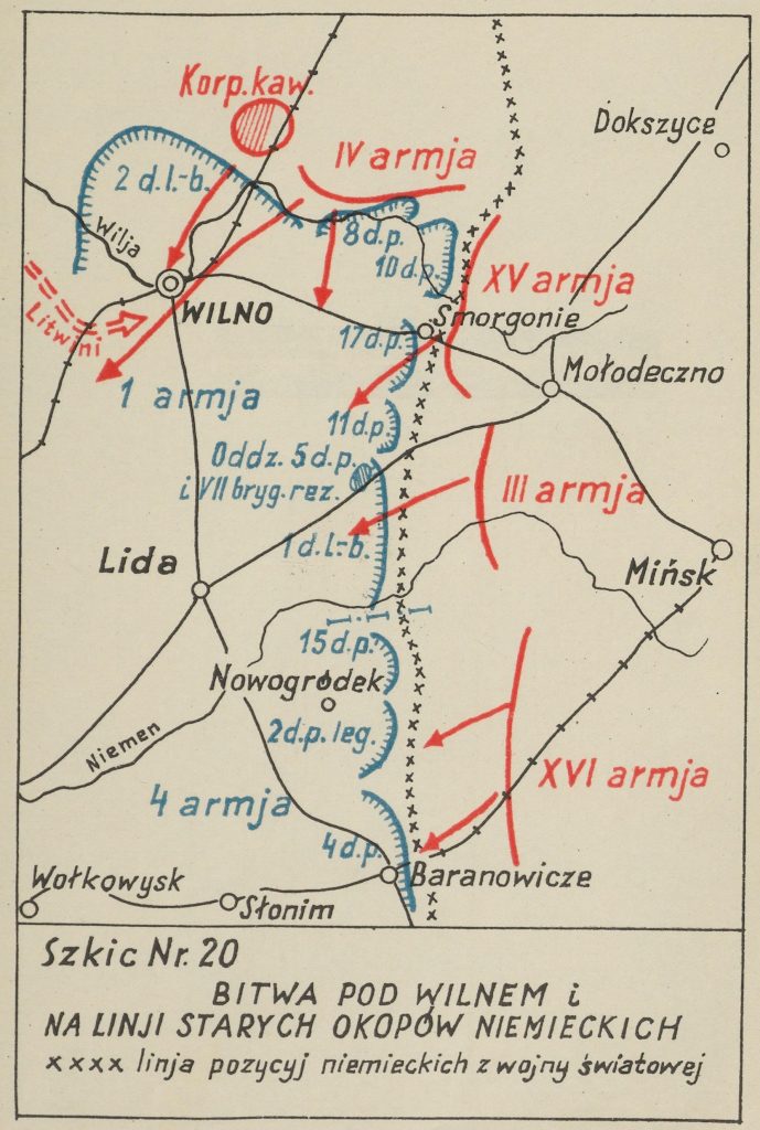 mapa okolic Mińska, Lidy i Wilna z zaznaczonymi miejscowościami - na czerwono bolszewiy, na niebiesko wojska polskie