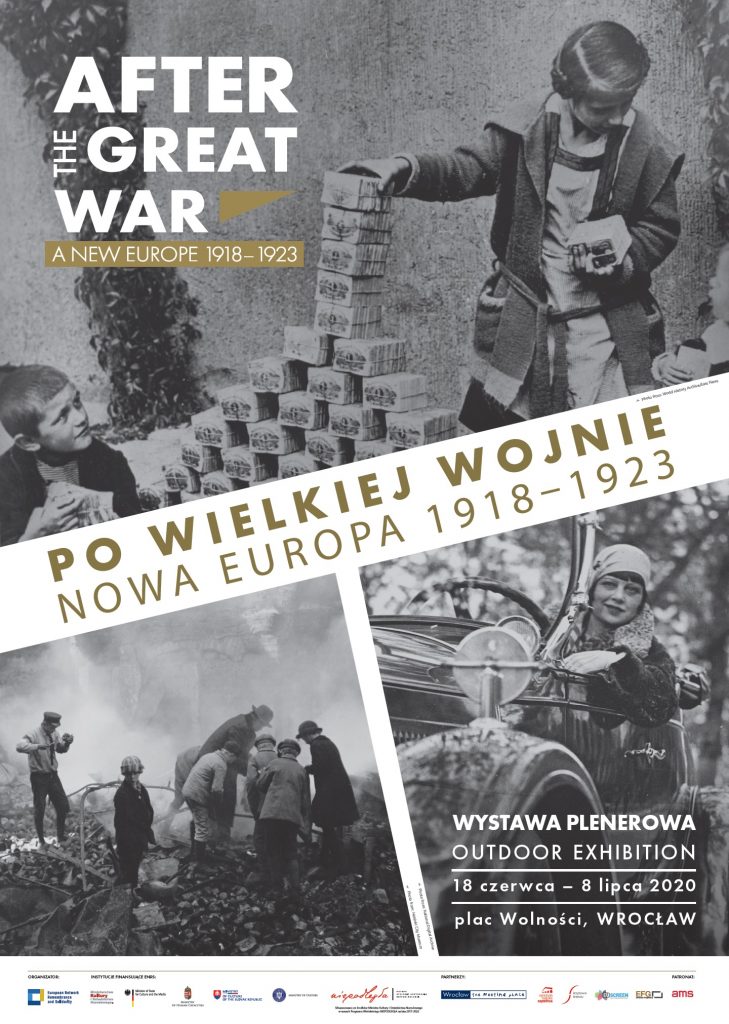 Po Wielkiej Wojnie - plakat z 3 historycznymi zdjęciami, tytułem, datą i miejscem wydarzenia i logo partnerów
