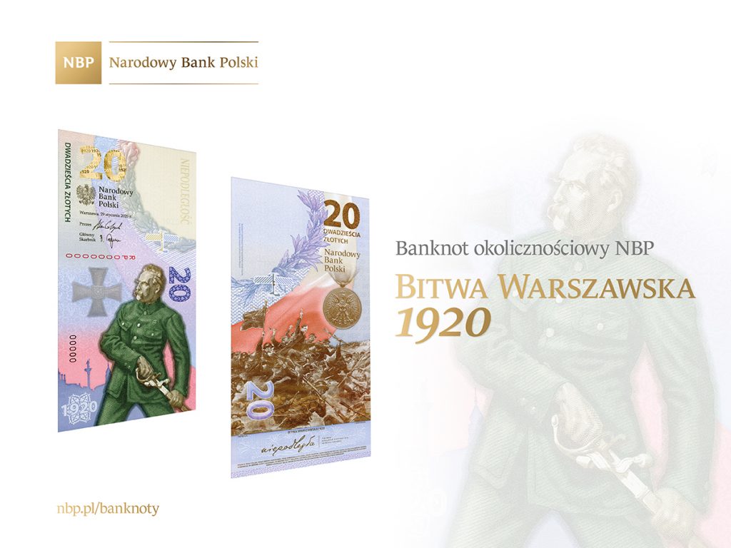 baner z awersem i rewersem banknotu, logo NBP i napisem Bitwa Warszawska 1920
