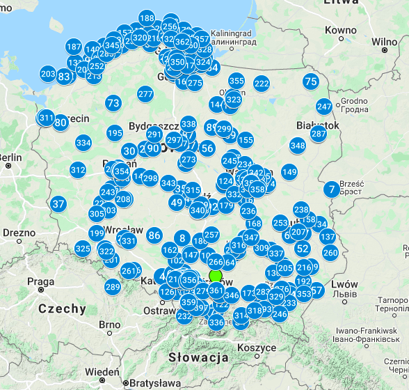 mapa kontur polski z zaznaczonymi punkcimami opisamymi numerkami od 1 do 362