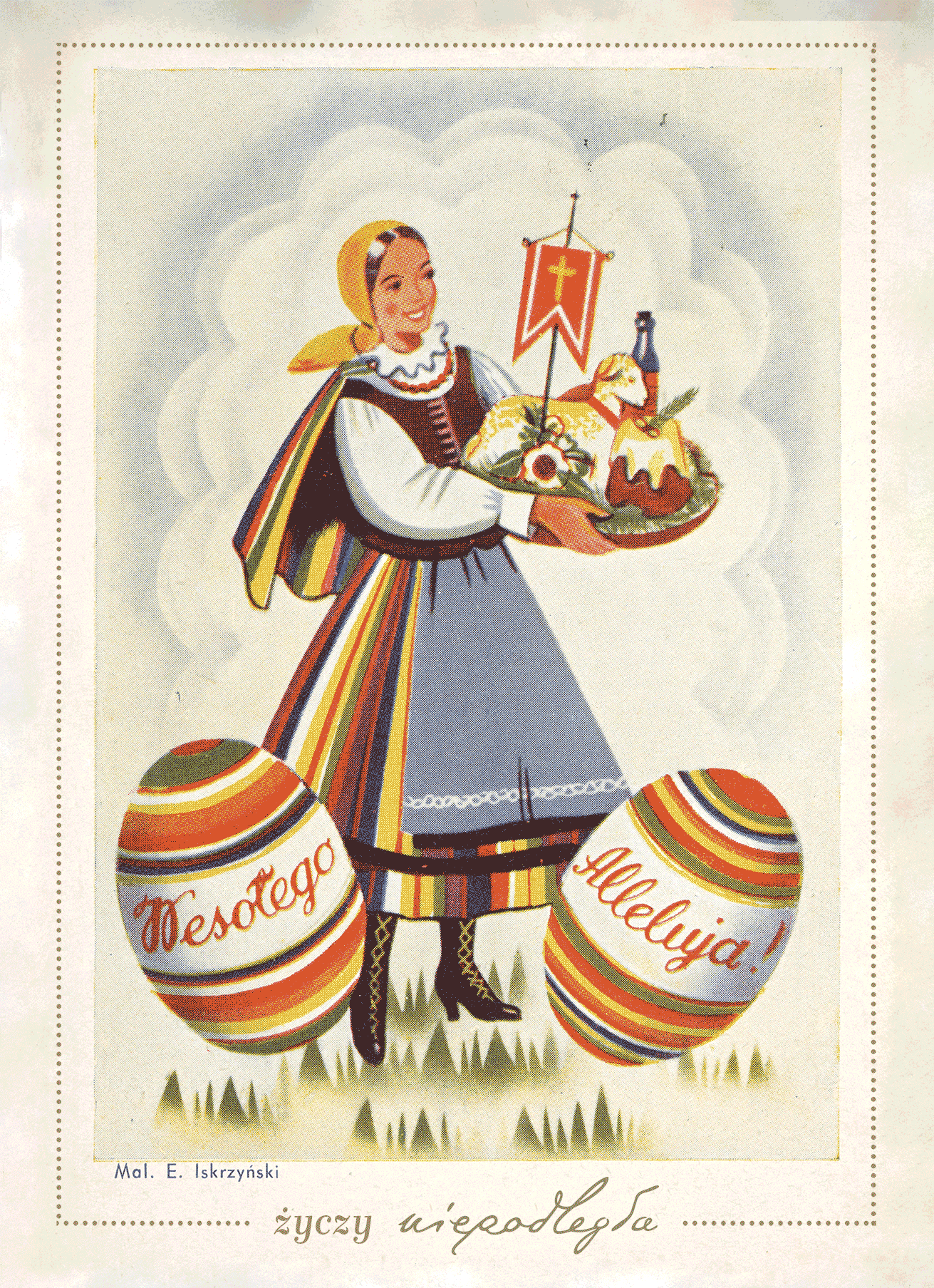 kartka wielkanocna z kobietą w ludowym stroju trzymającą wielkanocne potrawy, na dole pisanki