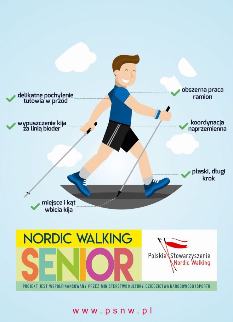 obrazek ze wskazanymi prawidłowymi elementami techniki nordic walking