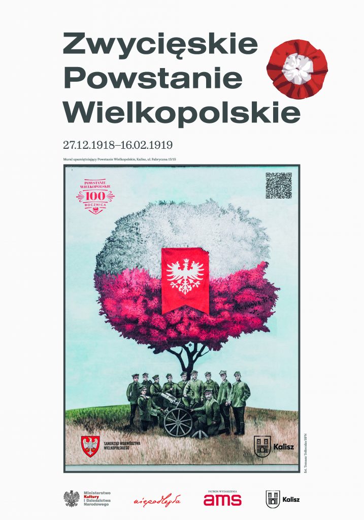 plakat z drzewem z biało-czerwoną koroną i żołnierzami - zdjęcie muralu z Kalisza