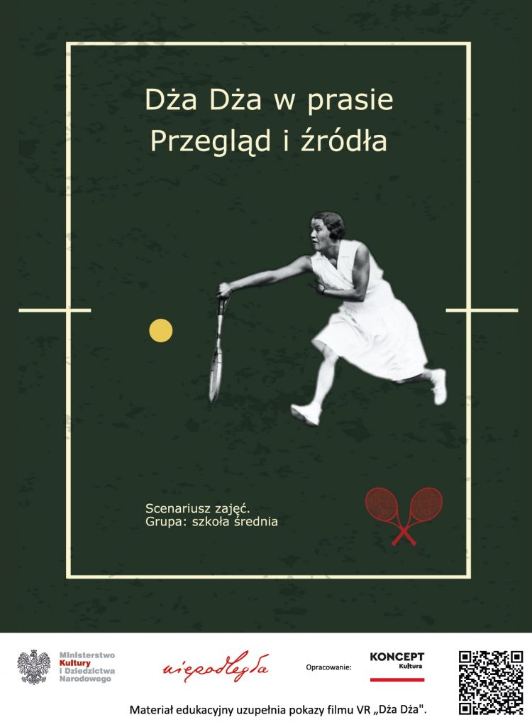 pierwsza strona z wyciętą ze starego zdjęcia tenisistką, tytułem i logami
