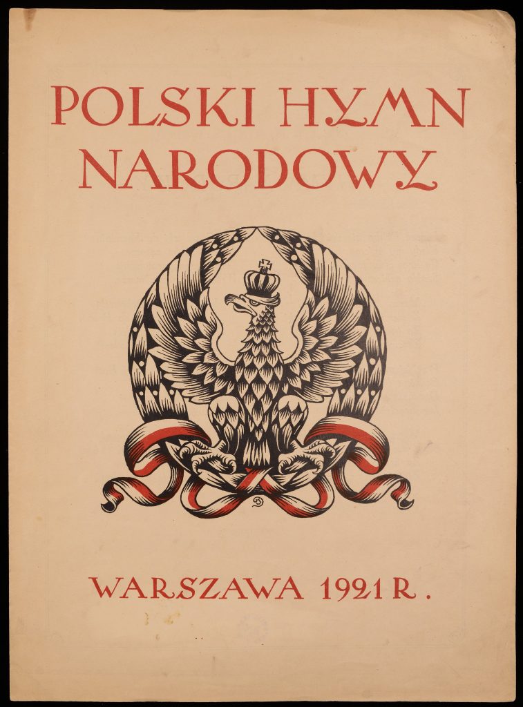 kładka broszury z tytułem "Polski Hymn Narodowy" warszawa 1921 i obrazkiem orła z biało-czerwoną wstęgą