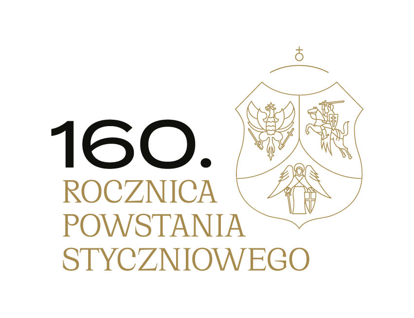 logotyp z napisem 160. rocznica powstania styczniowego i gerbem złożonym z 3 elementów