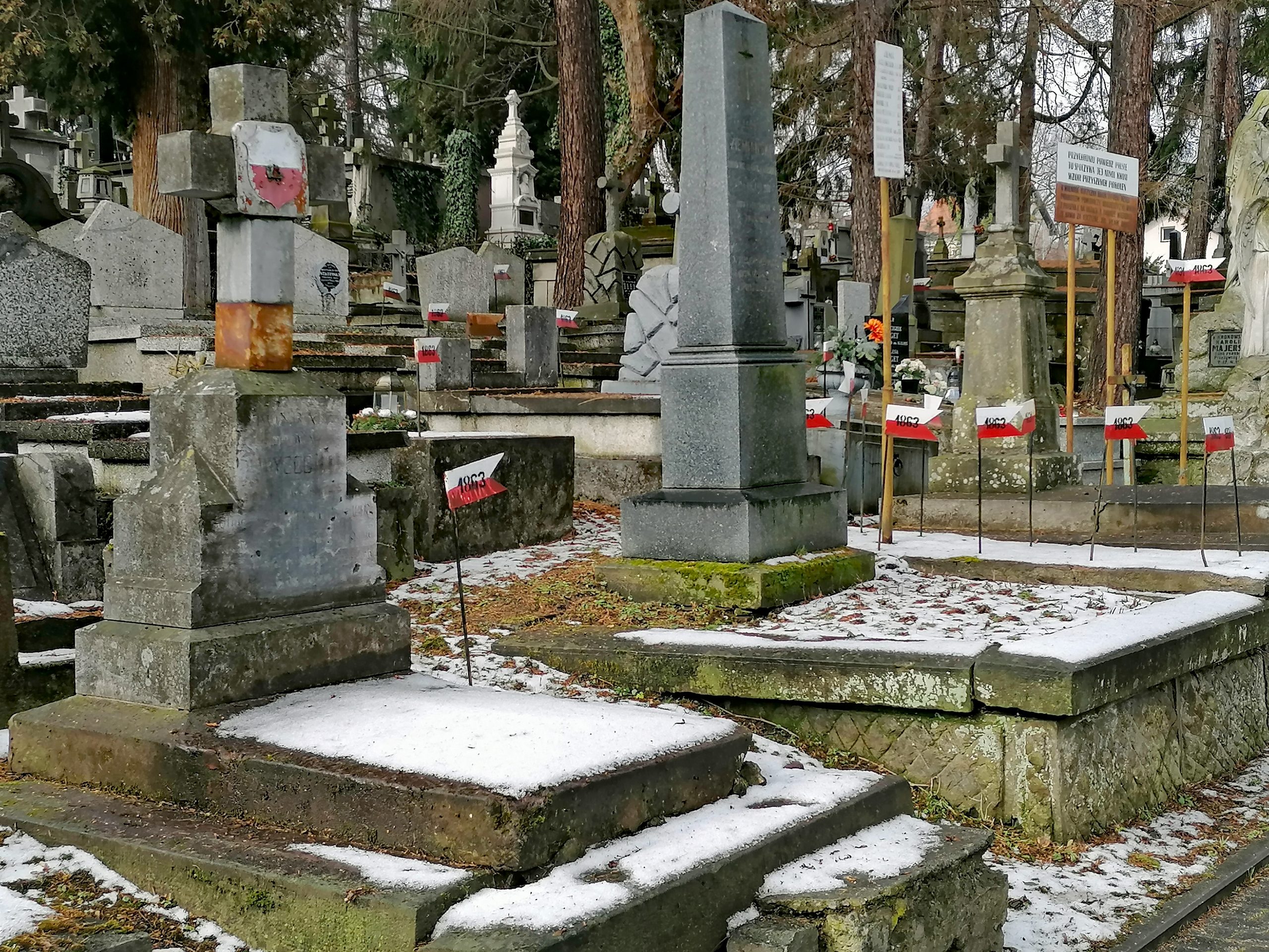 nagrobki na cmentarzu z wbitymi biało-czerwonymi chorągiewkami z napisem 1863