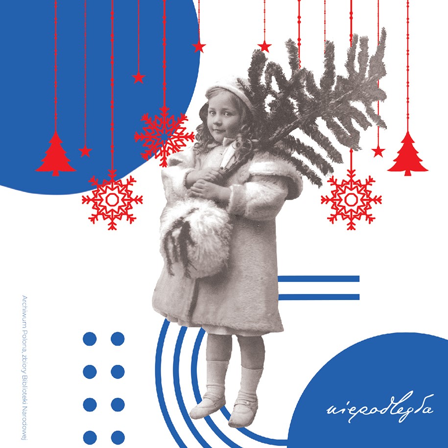 dziewczynka z choinką i abstrakcyjnymi ozdobami na kartce świątecznej biura Niepodległa