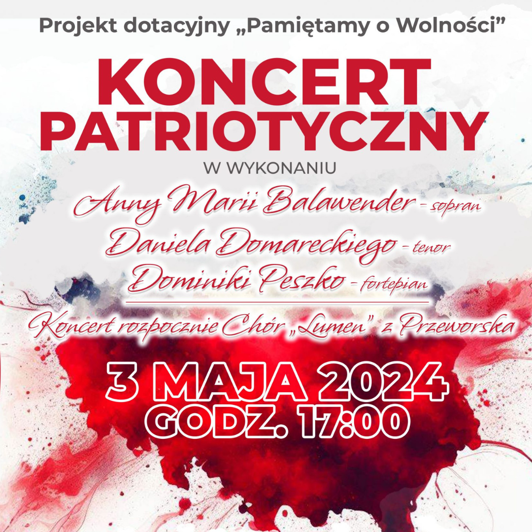 Biało czerwony plakat promujący koncert patriotyczny i etiudę teatralną