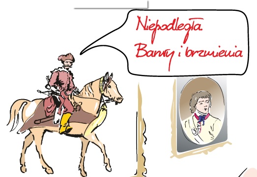Grafika ilustrująca warsztaty: rycerz na koniu, napis, nazwa projektu Niepodległa. Barwy i brzmienia