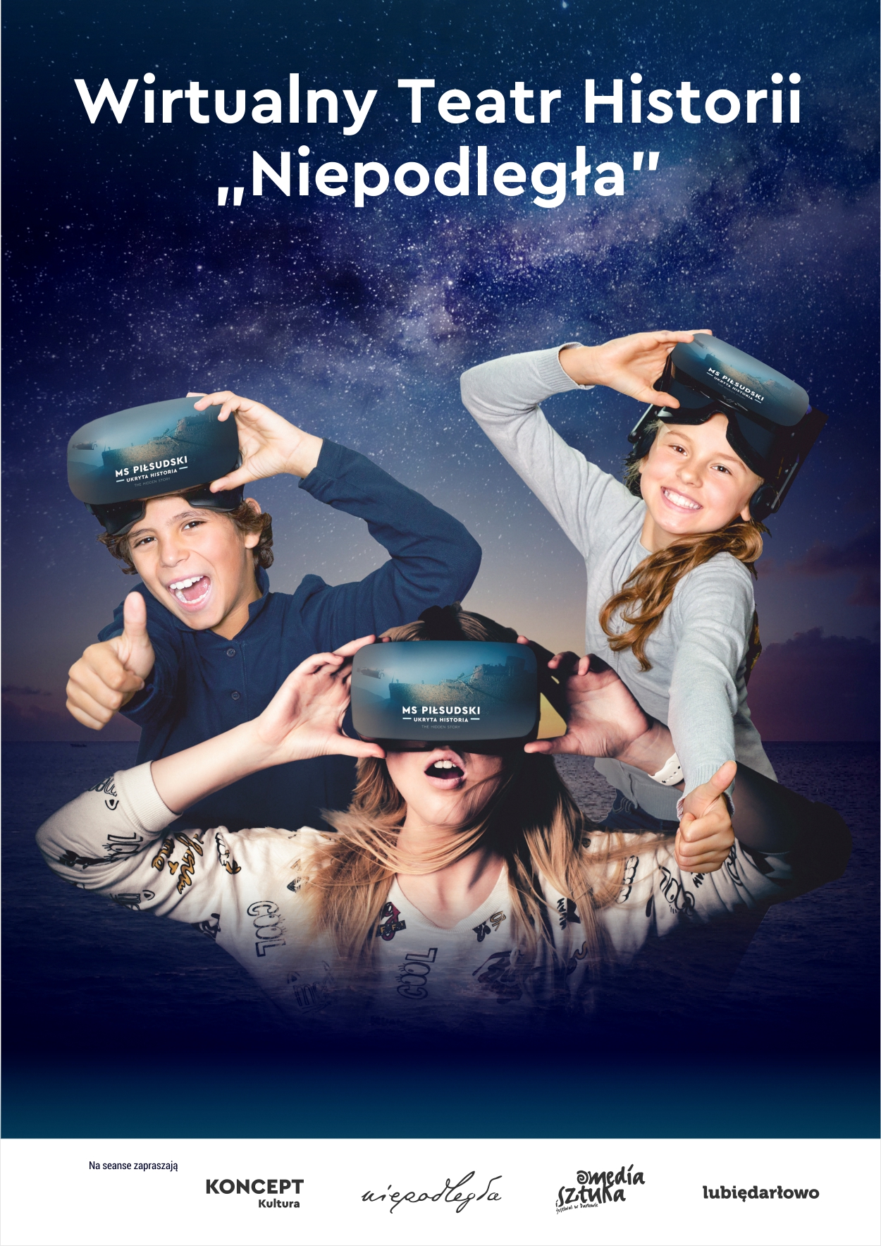 Grafika promująca projekt. Na tle rozgwieżdżonego nieba chłopiec i dwie dziewczyny w okularach do wirtualnej rzeczywistości. Nad nimi tytuł: Wirtualny Teatr Historii 