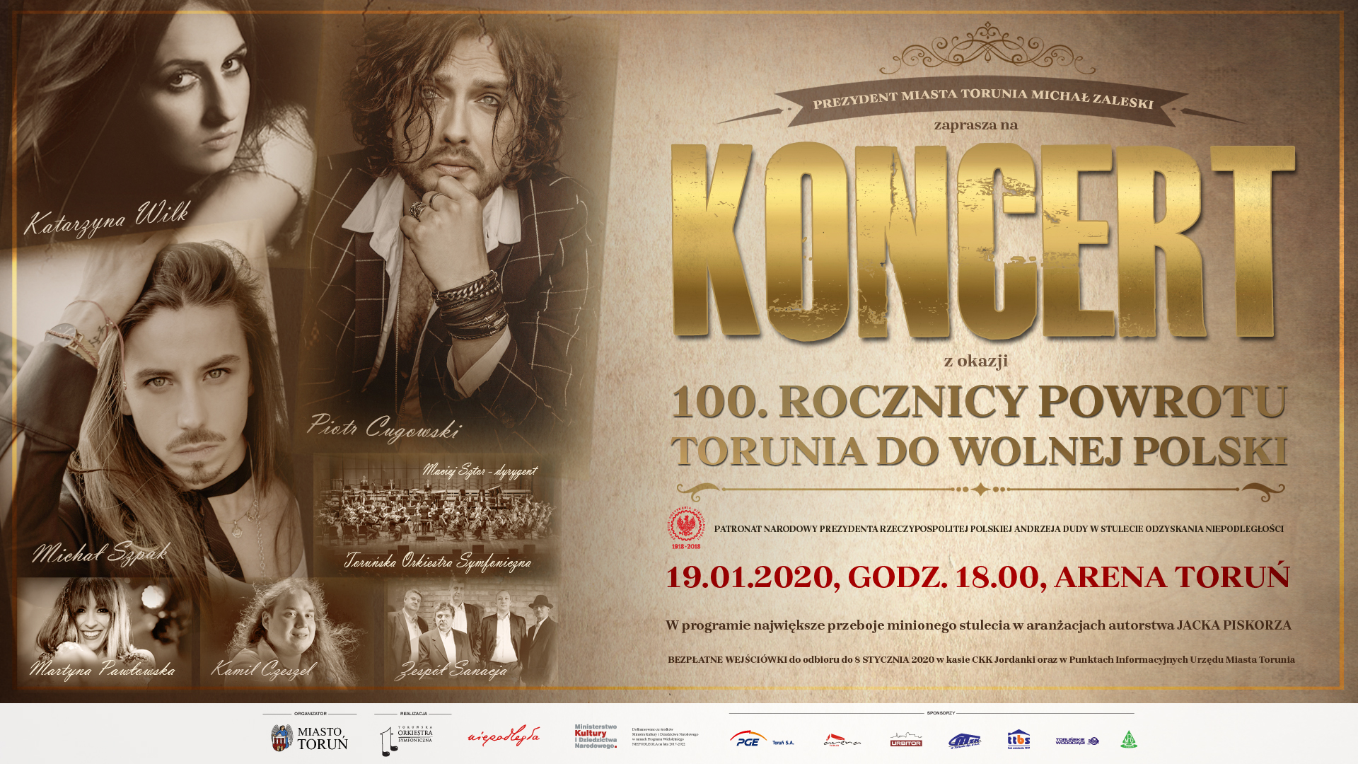 Koncert z okazji 100. rocznicy powrotu Torunia do wolnej Polski - plakat wydarzenia z informacjami o nim, zdjęciami artystów w sepii i paskiem logo