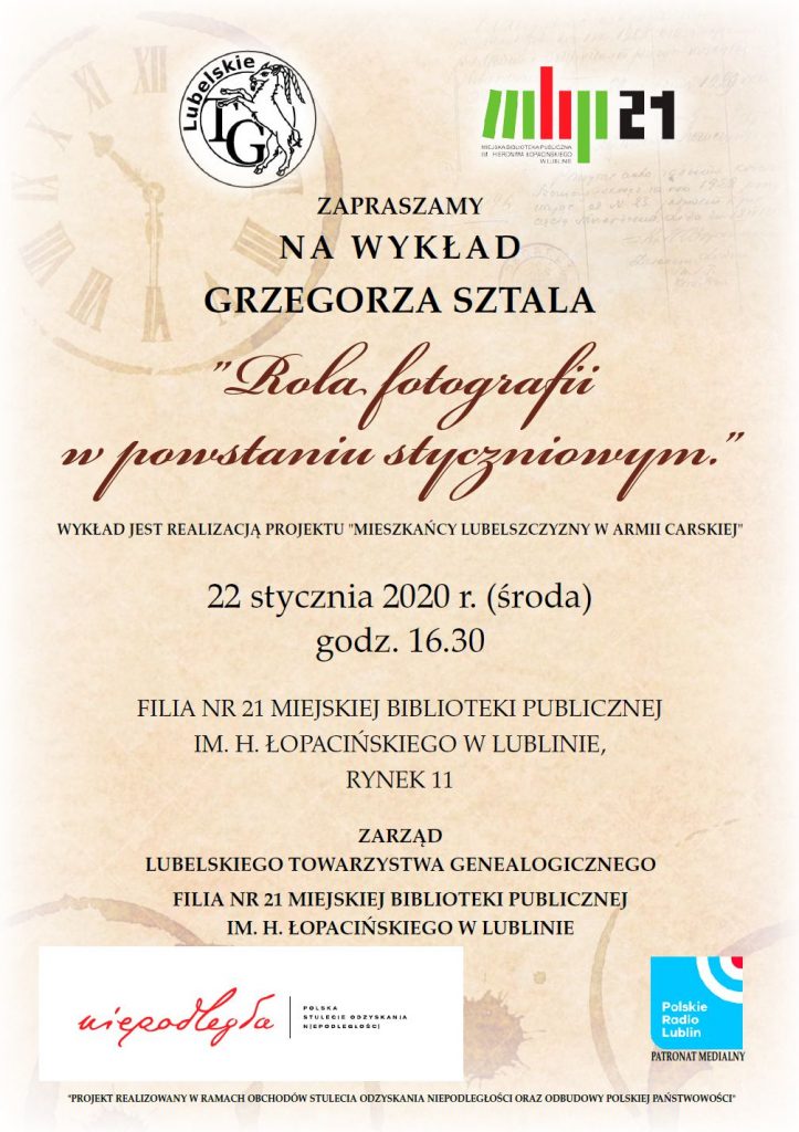 Plakat z zaproszeniem na styczniowe spotkanie Lubelskiego Towarzystwa Genealogicznego