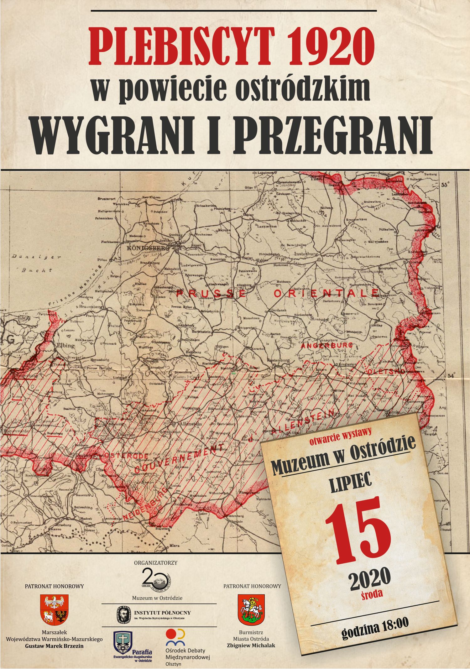 Plebiscyt 1920 w powiecie ostródzkim. Wygrani i Przegrani - plakat wydarzenia z informacjami i logami