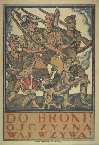 ilustracja przedstawia plakat nawołujący do walki z napisem „Do broni! Ojczyzna was wzywa!”. Pochodzi z wystawy „Wojna 1920 roku” w Archiwum Państwowym w Rzeszowie