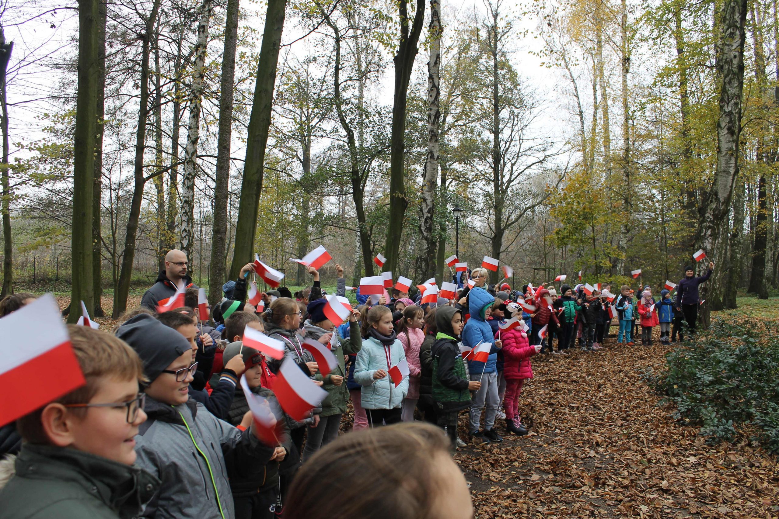 dzieci stojące pośród drzew z polskimi flagami rękach