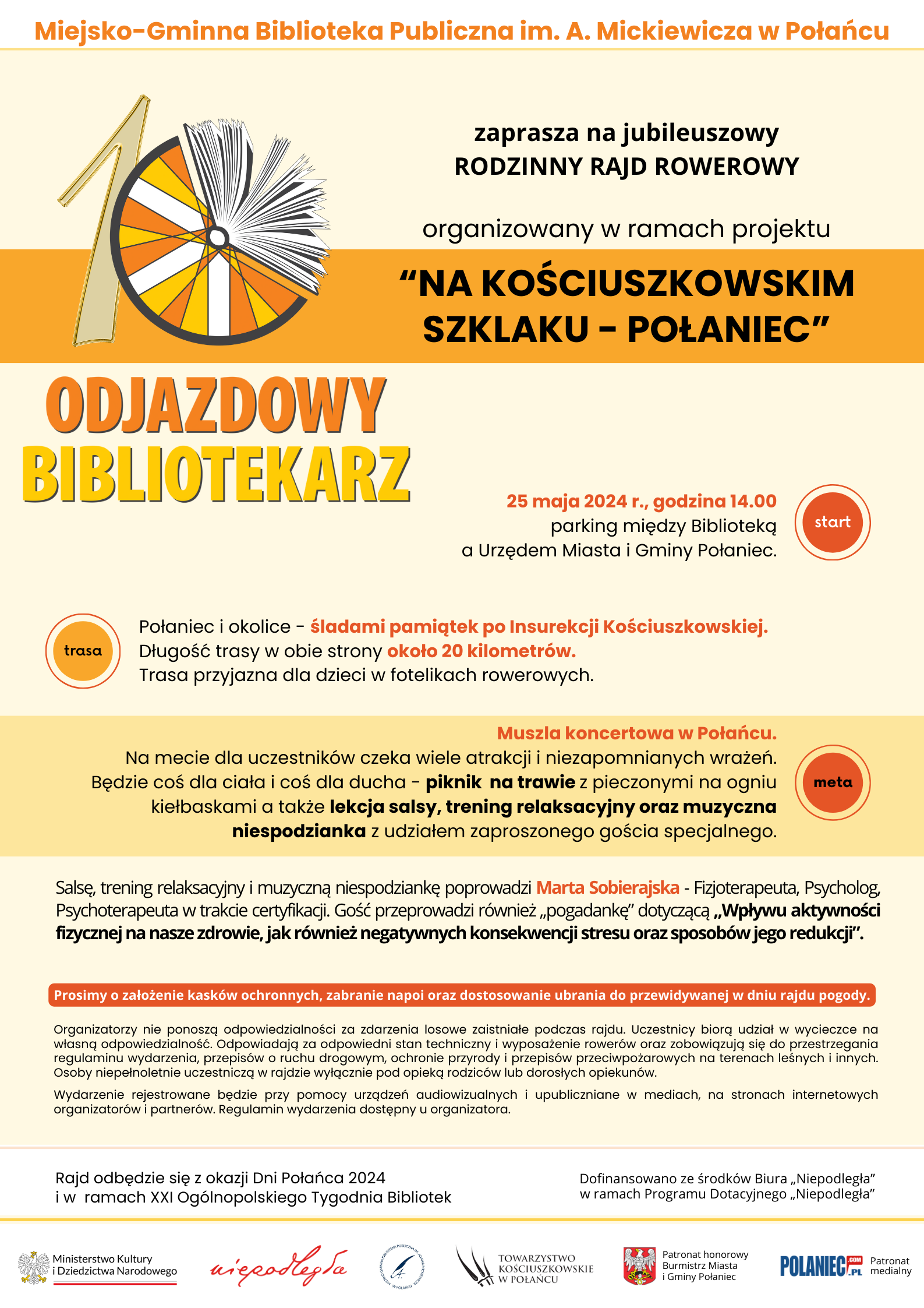 Plakat kolorowy zapraszający na rajd rowerowy, który odbędzie się w Połańcu 25 maja 2024 roku